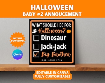 Baby #2 Announcement | Big Sister/brother Halloween | Baby Announcement Template | Edit in Canva | Baby Card | Printable Digital Download