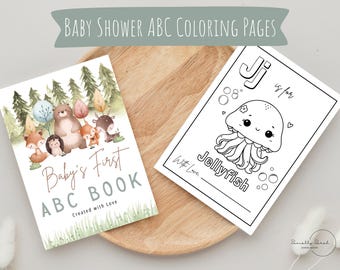 Baby's First ABC Book, Baby Shower Activity, Printable Alphabet Coloring Book Pages, First Birthday Gift, Guest Book, Woodland Animals Baby