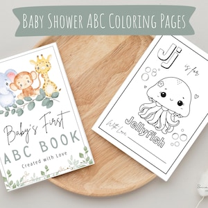 Baby&#39;s First ABC Book, Baby Shower Activity, Printable Alphabet Coloring Book Pages, First Birthday Gift, Guest Book, Safari Animals Baby