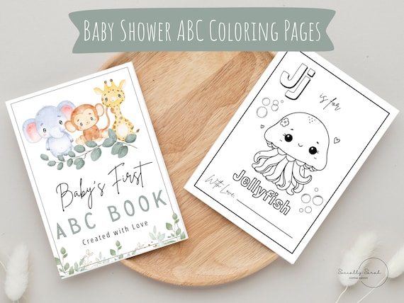 Baby's First ABC Book, Baby Shower Activity, Printable Alphabet Coloring Book Pages, First Birthday Gift, Guest Book, Safari Animals Baby