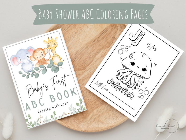 K&ouml;nnte beinhalten: Zwei ABC-Malb&uuml;cher f&uuml;r eine Babyparty. Ein Buchcover zeigt einen Elefanten, einen Affen und eine Giraffe. Die andere Seite zeigt eine Qualle mit dem Buchstaben "J" und dem Wort "Jellyfish". Der Text "Baby Shower ABC Coloring Pages" steht oben.