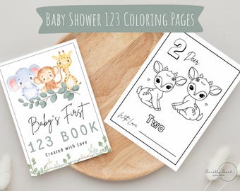Babys First ABC 123 Book, Baby Shower Activity, Printable Alphabet Coloring Book Pages, First Birthday Gift, Guest Book, Safari Animals Baby