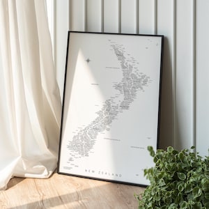 Affiche de carte de Nouvelle-Zélande - impression d'art mural néo-zélandais minimaliste - cadeau déco de voyage - carte en noir et blanc - décoration d'intérieur Nouvelle-Zélande - téléchargement numérique