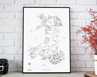 Wales Map Print, Wales Type Map Print, Wales Wall Print, Wales Map Art Poster, Wales Font Map, Wales Map Cities, Custom Map, Wales gift