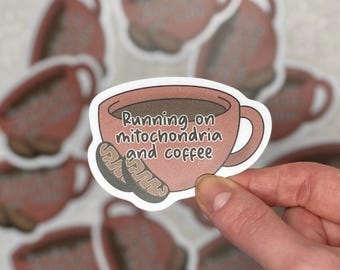 Running on mitochondria and coffee Sticker | Coffee lover, Science and cell biology decal for laptops, water bottles, notebooks