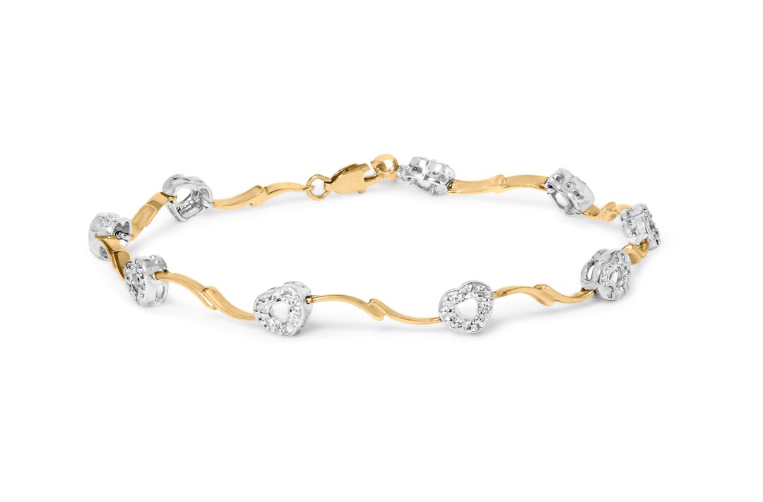 10k Twotone Gold Diamond Heart Slink Bracelet Etsy