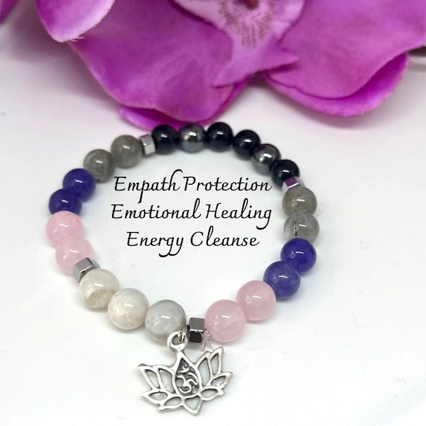 Empath Protection Bracelet, Dainty Black Tourmaline, Rose Quartz, Labradorite, Amethyst, Moonstone, Hematite, Genuine Gemstone Bracelet