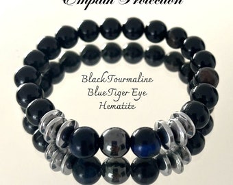 Empath protection bracelet, Natural Blue Tiger Eye, Black Tourmaline Hematite Crystal, Yoga, Mala, Chakra Bracelet, , Gift for Men & Women