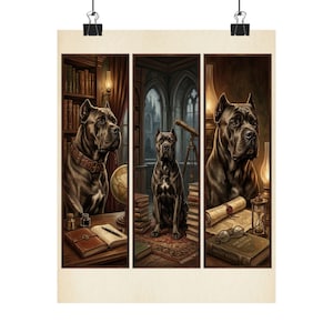 May include: A triptych art print featuring a black Cane Corso dog in a library setting. The left panel shows the dog with a book and globe. The centre panel shows the dog sitting near a telescope. The right panel shows the dog with an hourglass.