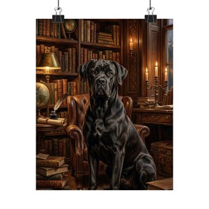 May include: A black Cane Corso dog sits in a brown leather armchair within a library. The room features wooden bookshelves filled with books, a globe, a desk with a candelabra, and a lamp. The scene is illuminated by warm, soft lighting.