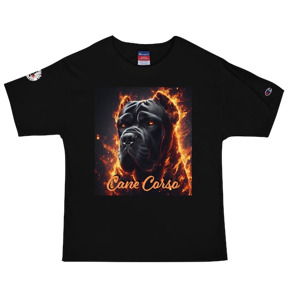 Flaming Cane Corso Champion Cotton T-Shirt, 7oz Premium Tee with Embroidered Logo