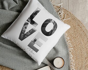 Personalized 'LOVE' Photo Pillow - Custom Spun Polyester Square Pillow with Concealed Zipper, Perfect Gift for Couples