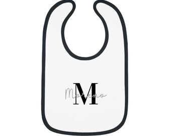 Custom Baby Bib with Contrast Trim - Personalized Jersey Bib with Initial and Name, Available in Multiple Trim Colors
