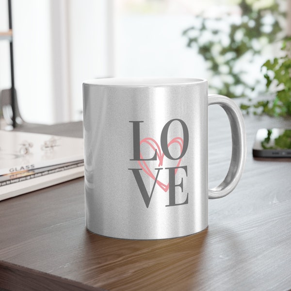 Metallic Silver Mug with Heart and LOVE Design - 11oz Flashy Ceramic Coffee Mug, Perfect for Gift