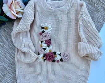 Personalized Floral Letter Hand-Embroidered Knit Sweater, Baby Shower Gift, Floral initial sweater, Hand embroidered Name sweater