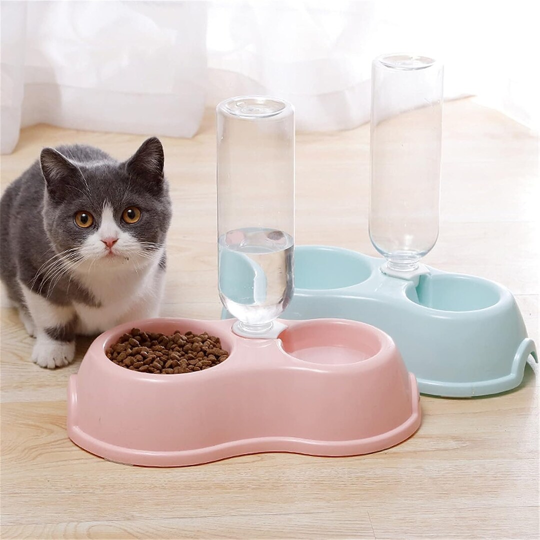 Plastic Double Bowl Pet Feeder, Cat Water and Food Bowl Set With