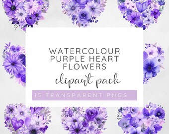 Blomhjärta Clipart, Lila Blomma Clipart, Blomhjärta Clipart, Kärlekshjärta Clipart, Akvarell Hjärta Clipart, Akvarell Alla hjärtans dag PNG