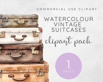 May include: A stack of four vintage suitcases in various shades of brown, white, and green. The suitcases are painted in a watercolor style and have metal clasps and handles. The text "WATERCOLOUR VINTAGE SUITCASES clipart pack" is written above the suitcases.