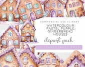 Pastel Gingerbread House, Pastel Gingerbread Clipart, Pastel Purple, Pastel Christmas Clipart, Christmas Cookies, Watercolour Christmas PNG