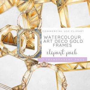 Art Deco Gold Frame Clipart, Watercolour Geometric Frame PNGs, 1920s Glam Invitations, Luxury Wedding Border Graphics, Great Gatsby Designs