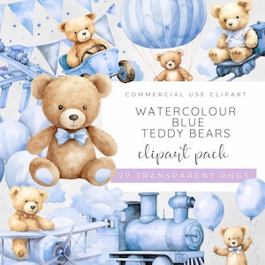 Teddy Bear Clipart Bundle, Baby Bear Clipart, Blue Teddy Bear, Hot Air Balloon Nursery, Teddy Bear Airplane, Watercolour Teddy Bear PNG