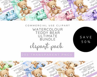 Teddy Bear Clipart Bundle, Baby Bear Clipart, Unisex Teddy Bear, Hot Air Balloon Nursery, Teddy Bear Airplane, Watercolour Teddy Bear PNG