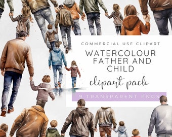 May include: Watercolor clipart pack of fathers and children walking together. The clipart is in a muted color palette of browns, blues, and grays. The image includes the text "Watercolour Father and Child clipart pack 9 Transparent PNGs".