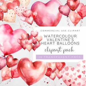 Valentines Heart Clipart, Love Heart Clipart, Balloon Clipart, Love Balloons, Romantic, Valentines Party, Pink, Watercolour Valentines PNG