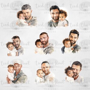 K&ouml;nnte beinhalten: Eine digitale Illustration von neun Aquarellgem&auml;lden, die V&auml;ter und ihre Kinder darstellen. Jedes Gem&auml;lde zeigt einen Vater und ein Kind in einer engen Umarmung, wobei der Vater das Kind liebevoll ansieht. Die Gem&auml;lde sind vor einem hellgrauen Hintergrund angeordnet.