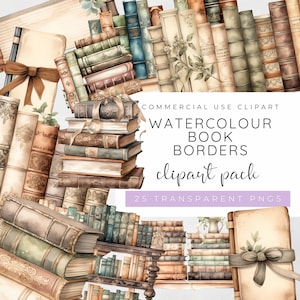 Book Borders, Book Shelf Clipart, Stacked Books Clipart, Books on Shelf,  Book Lover Clipart, Reading Clipart, Book Labels, Watercolour PNG