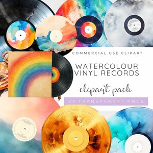 Könnte beinhalten: Eine Sammlung von Aquarell-Vinylplatten mit farbenfrohen Designs. Das Bild zeigt Schallplatten mit Regenbogen-, Sonnenuntergangs- und abstrakten Mustern. Der Text auf dem Bild lautet "WATERCOLOUR VINYL RECORDS clipart pack 23 TRANSPARENT PNGS".