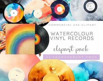 Imágenes prediseñadas de discos de vinilo en acuarela, LPs coloridos PNG, ilustraciones de álbumes de música retro, gráficos de discos de arcoíris, elementos de scrapbooking digital