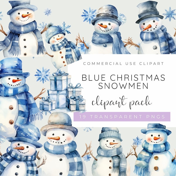 Snowmen Clipart, Blue Snowman PNG, Watercolour Snowman Clipart, Blue Christmas Clipart, Christmas Tree Clipart, Watercolour Christmas PNG