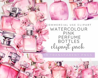 May include: Watercolor clipart pack of 19 pink perfume bottles with delicate pink flowers.  COMMERCIAL USE CLIPART WATERCOLOUR PINK PERFUME BOTTLES clipart pack 19 TRANSPARENT PNGS