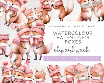 Valentines Foxes Clipart, Valentines Animal Clipart, Valentines Day Couple Clipart, Woodland Animal Clipart, Fox, Watercolour Valentines PNG
