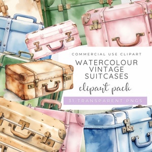 May include: A set of 31 watercolour vintage suitcases in various colours, including blue, green, pink, and brown. The suitcases have leather straps and metal buckles.  COMMERCIAL USE CLIPART WATERCOLOUR VINTAGE SUITCASES clipart pack 31 TRANSPARENT PNGS