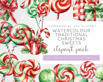 May include: Watercolor clipart pack of traditional Christmas sweets. The clipart includes candy canes, lollipops, and wrapped gifts in red, green, and white.