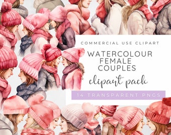 May include: Watercolor clipart pack of 14 pink and white female couples wearing winter hats and scarves.  COMMERCIAL USE CLIPART WATERCOLOUR FEMALE COUPLES clipart pack 14 TRANSPARENT PNGS
