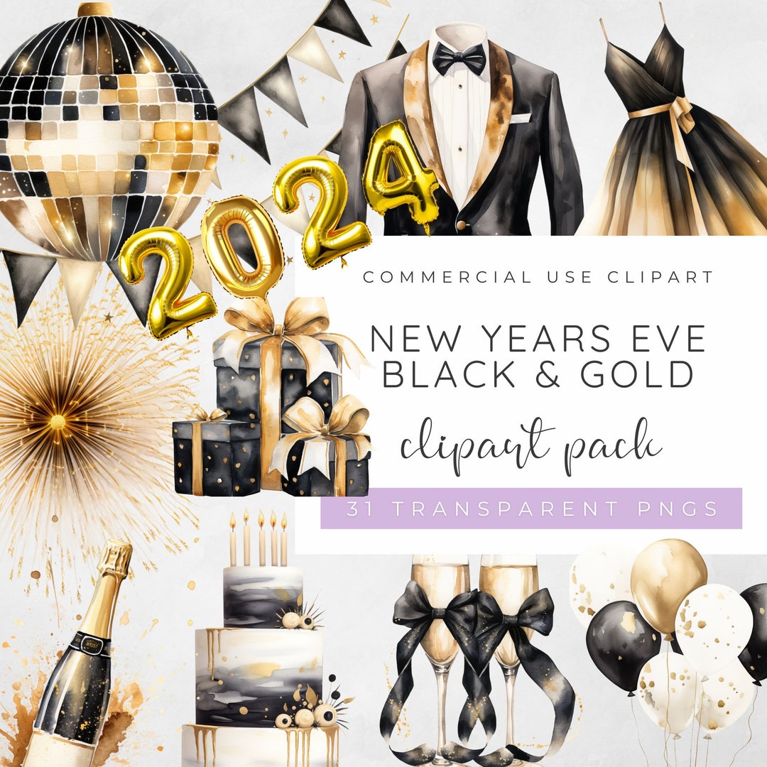 New Years Eve Clipart Black and Gold Party Champagne - Etsy