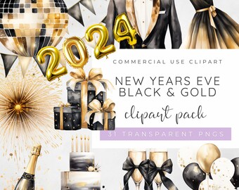 New Years Eve Clipart, Black and Gold Party, Champagne Clipart, Balloon Clipart, Cocktail Party Dress, Firework Clipart, Happy New Year PNG