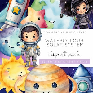 太陽系のクリップアート、水彩画の宇宙PNG、宇宙飛行士の子供、かわいい惑星のイラスト、宇宙パーティーのグラフィック、銀河の背景と宇宙