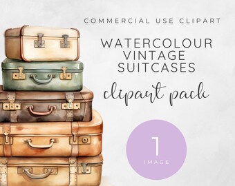 May include: A stack of five vintage suitcases in various shades of brown, green, and cream. The suitcases have leather straps and metal buckles. The text "WATERCOLOUR VINTAGE SUITCASES clipart pack" is written above the suitcases. The number "1" is written in a circle below the suitcases with the text "IMAGE".