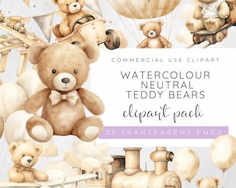 Teddy Bear Clipart Bundle, Baby Bear Clipart, Neutral Teddy Bear, Hot Air Balloon Nursery, Teddy Bear Airplane, Watercolour Teddy Bear PNG