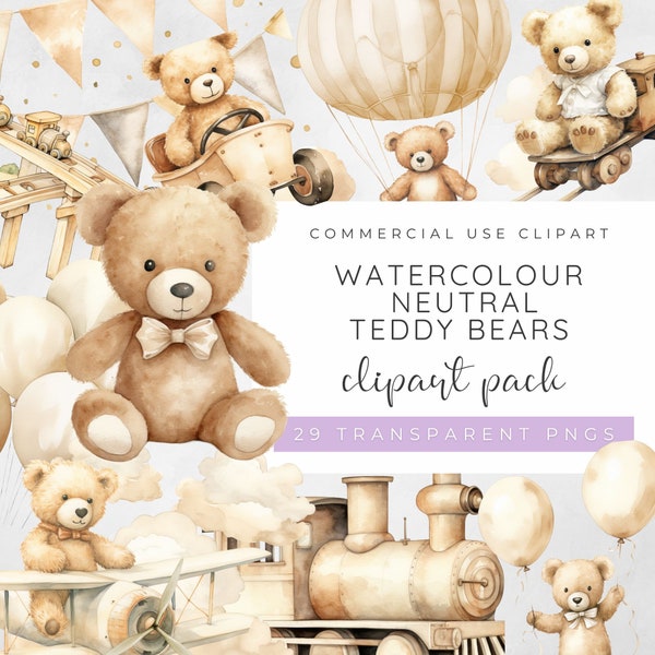 Teddy Bear Clipart Bundle, Baby Bear Clipart, Neutral Teddy Bear, Hot Air Balloon Nursery, Teddy Bear Airplane, Watercolour Teddy Bear PNG