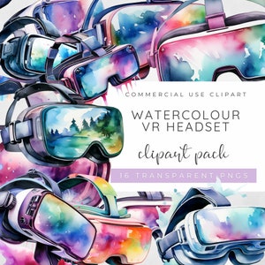 Puede incluir: Un conjunto de 16 ilustraciones de acuarela de cascos de realidad virtual. Los cascos están pintados en varios tonos de azul, rosa, morado y verde. El texto "COMMERCIAL USE CLIPART WATERCOLOUR VR HEADSET clipart pack 16 TRANSPARENT PNGS" es visible en la imagen.