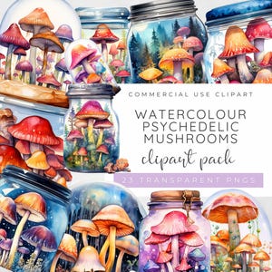 Psychedelic Mushroom Clipart, Trippy Mushroom, Magic Mushroom, Toadstool Prints, Junk Journal Clipart, Sublimation Designs, Watercolour PNG
