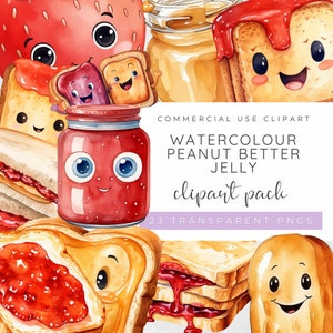 Peanut Butter and Jelly, PB and J, Peanut Butter Sandwich, Jam Jar Clipart, Strawberries Clipart, Strawberry Jelly, Toast, Watercolour PNG