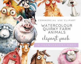 Peut inclure: Pack de clipart aquarelle de 16 animaux de ferme originaux, comprenant un coq, une chèvre, un cochon, un mouton, un lama, un cheval et une poule. Les animaux sont tous dessinés dans un style fantaisiste avec des couleurs vives et des expressions faciales expressives. Le texte "COMMERCIAL USE CLIPART WATERCOLOUR QUIRKY FARM ANIMALS clipart pack 16 TRANSPARENT PNGS" est affiché sur un fond violet.