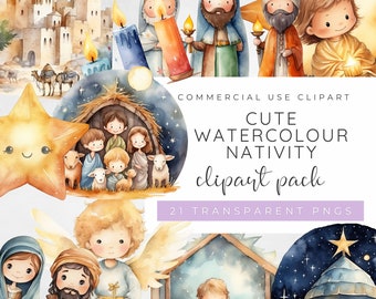 Puede incluir: Un paquete de clipart de acuarela que presenta una escena de la natividad con una estrella, ángeles, magos y un pesebre con el bebé Jesús. El clipart es perfecto para crear tarjetas de Navidad, invitaciones y otras manualidades festivas.