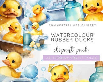 Rubber Duck Clipart, Bath Time Clipart, Bath Toys, Baby Shower Clipart, Yellow Duck, Bathroom Décor Wall Art, Animal PNG, Watercolour PNG